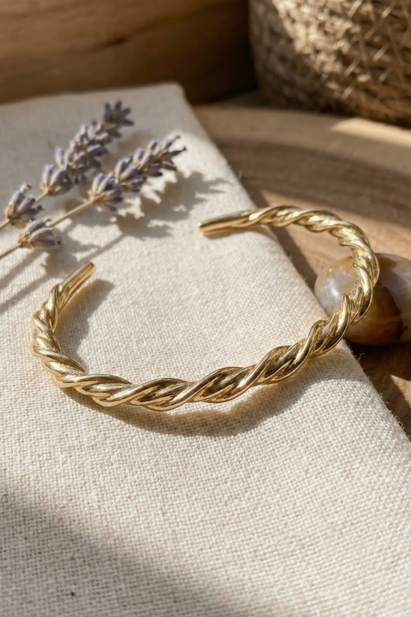 Twisted Rope Cuff Gold Bracelet