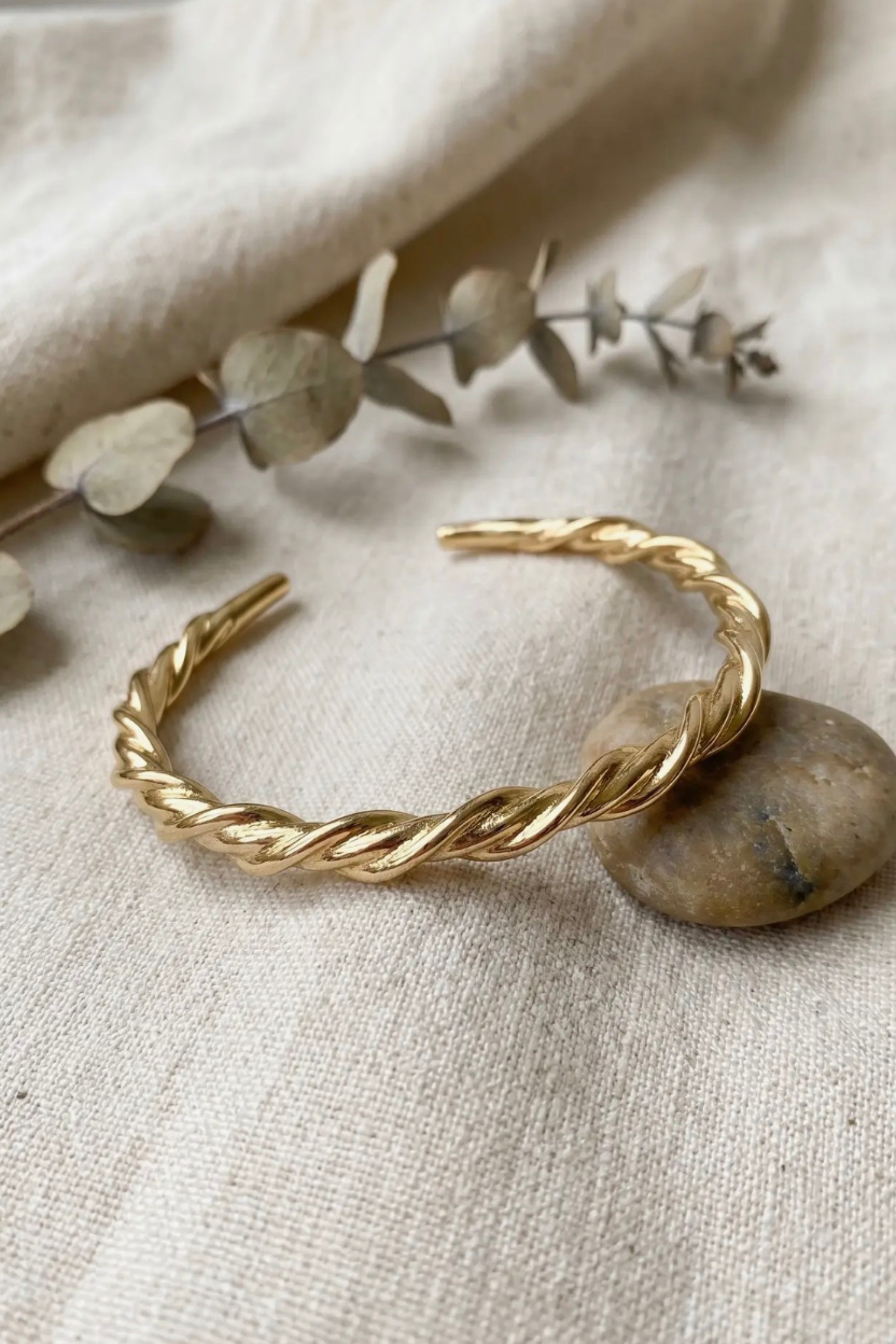 Twisted Rope Cuff Gold Bracelet