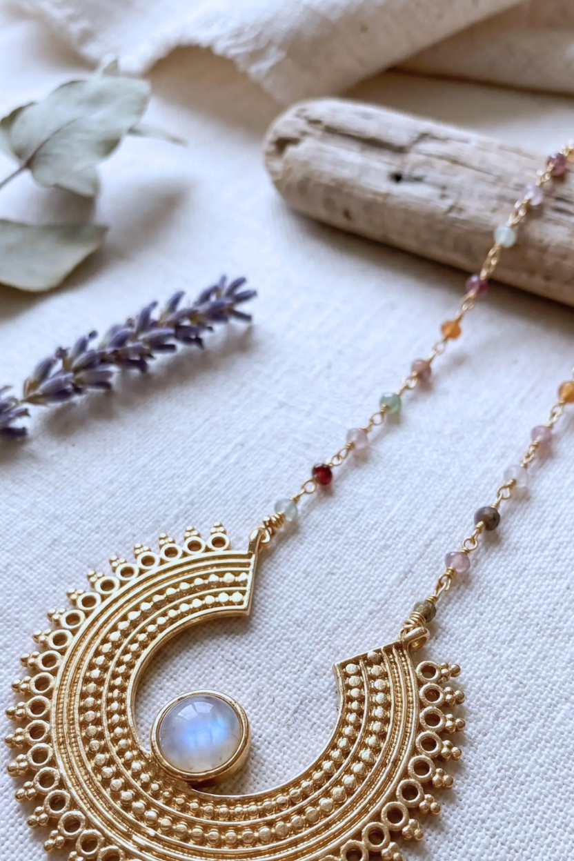 Moonstone Crescent Sun Pendant Necklace