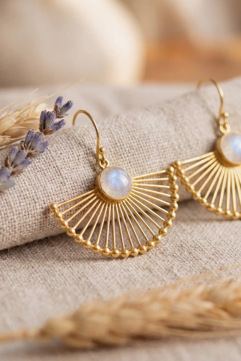 White Moonstone Fan Earrings
