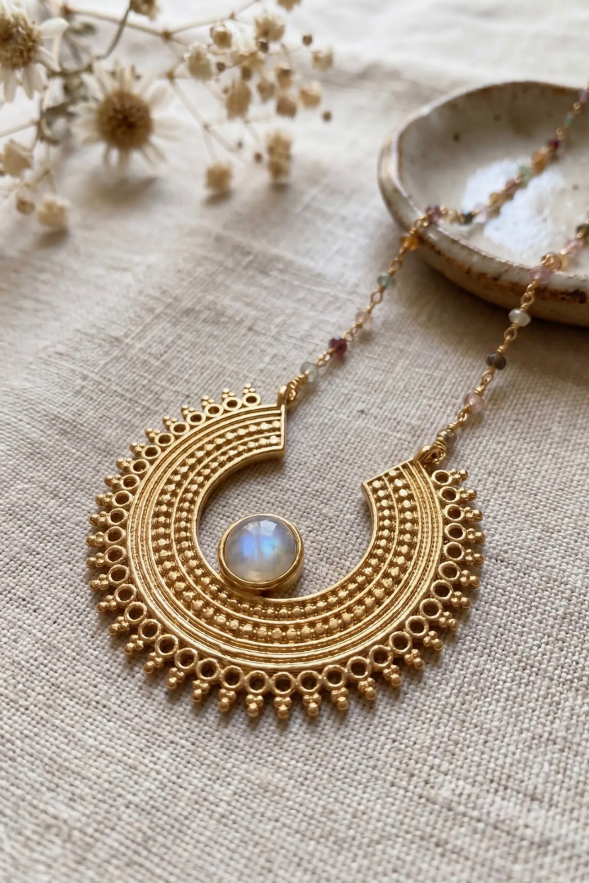 Moonstone Crescent Sun Pendant Necklace