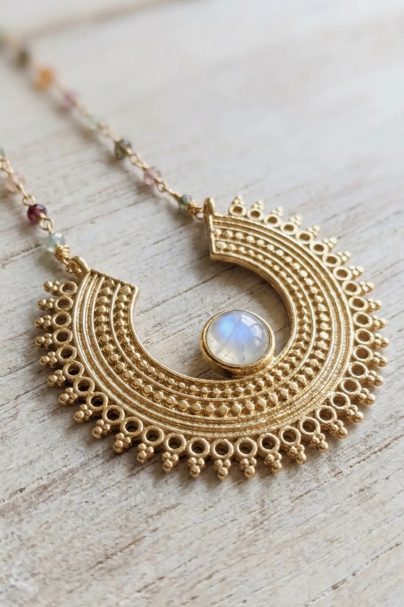 Moonstone Crescent Sun Pendant Necklace