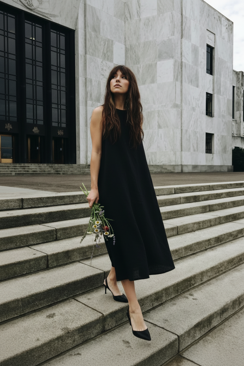 Black Lory Linen Dress with Wildflowers, longline linen womens dress