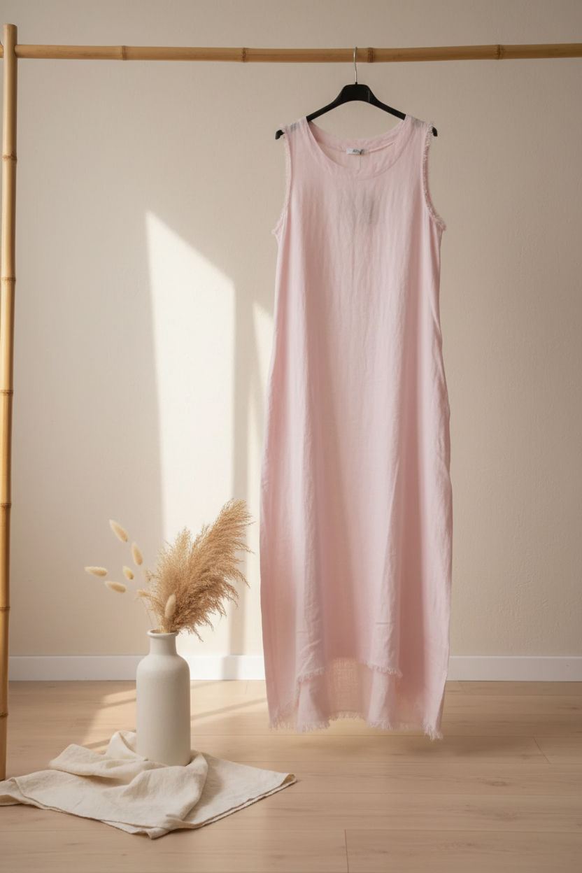 Pink dress hanging on a rack with a vase and dried plants on a wooden floor.