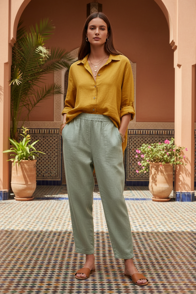 Sage Trousers & Mustard Shirt – Moroccan Editorial