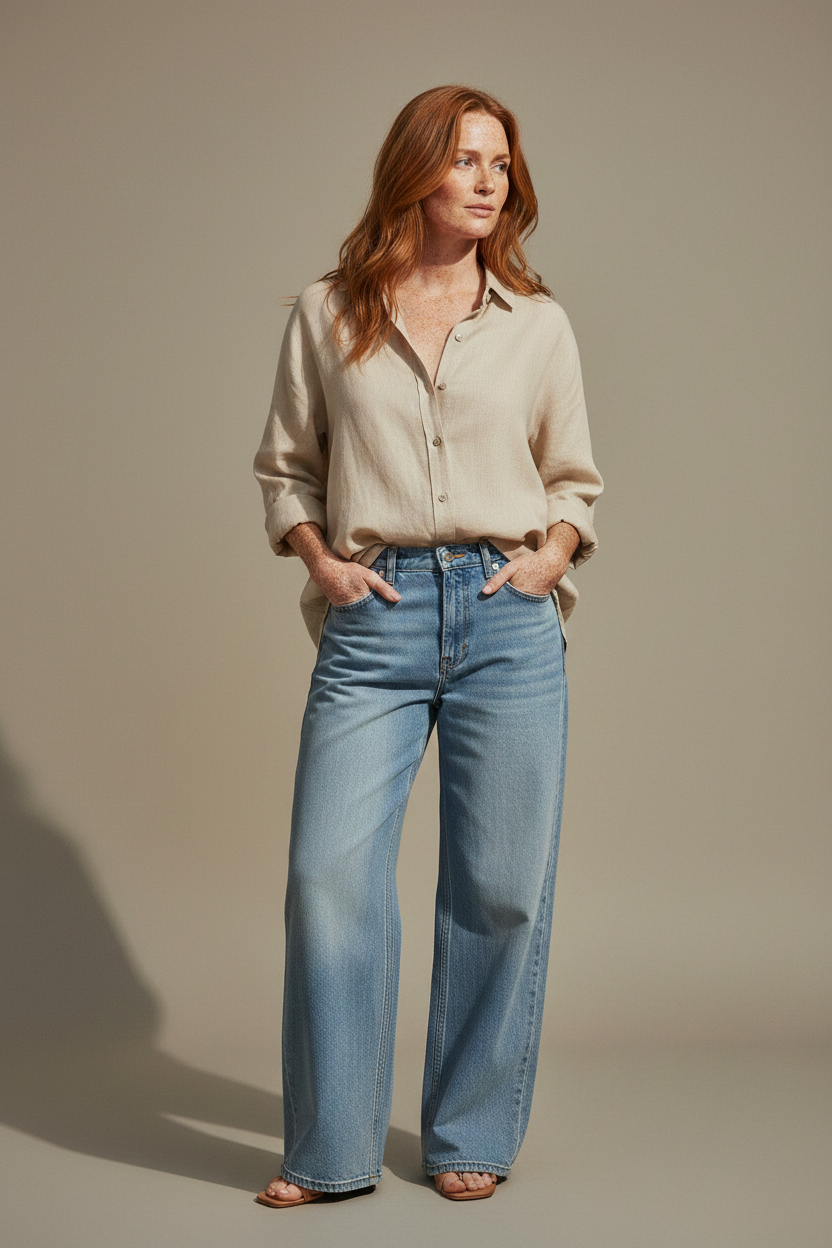 Chloe Linen Shirt with Relaxed Jeans — Model B
