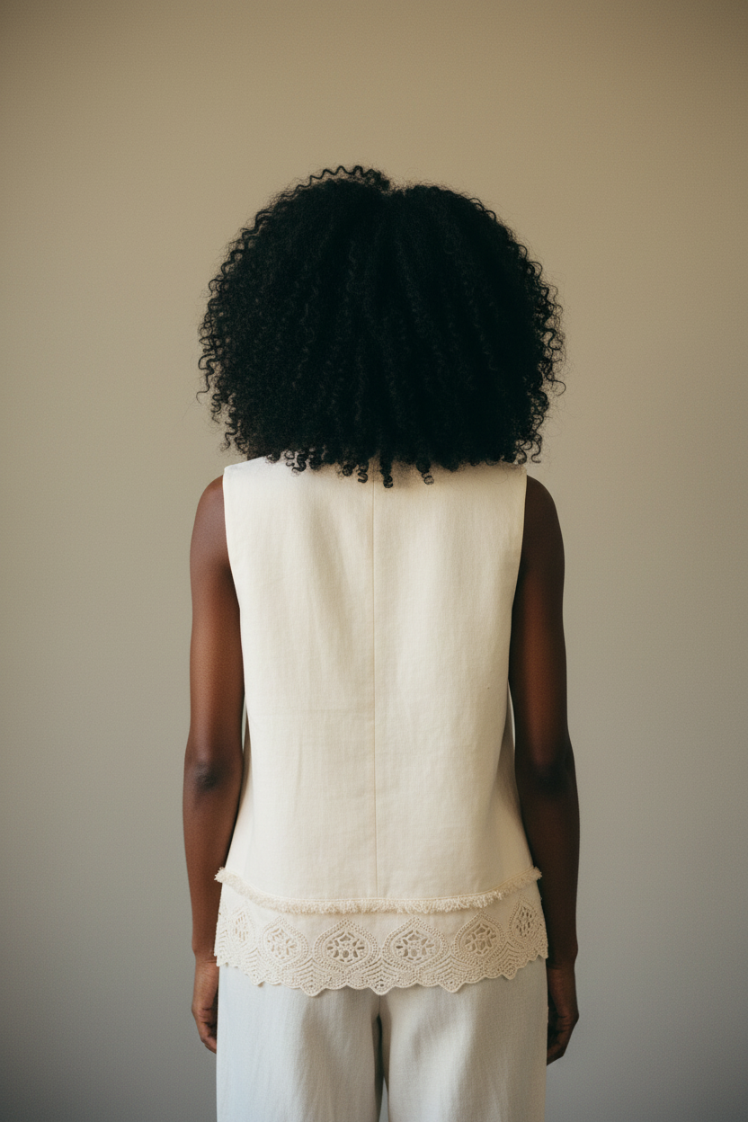 Cream Lace Hem Waistcoat — Back View Model D