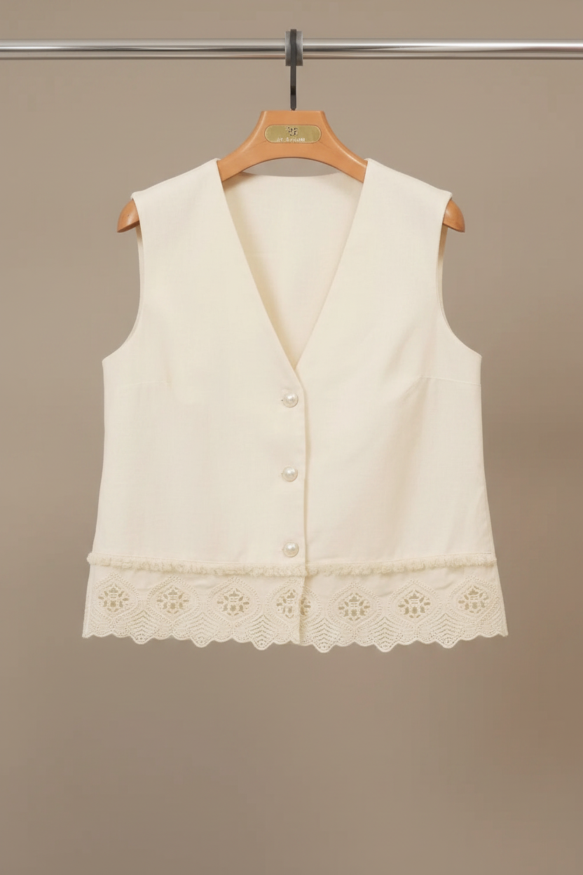 Cream Lace Hem Waistcoat — Hanging Shot