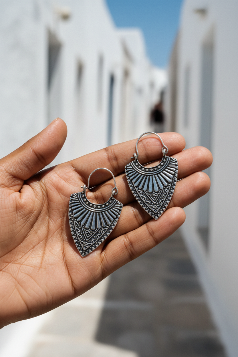 Earrings in palm, deep brown skin