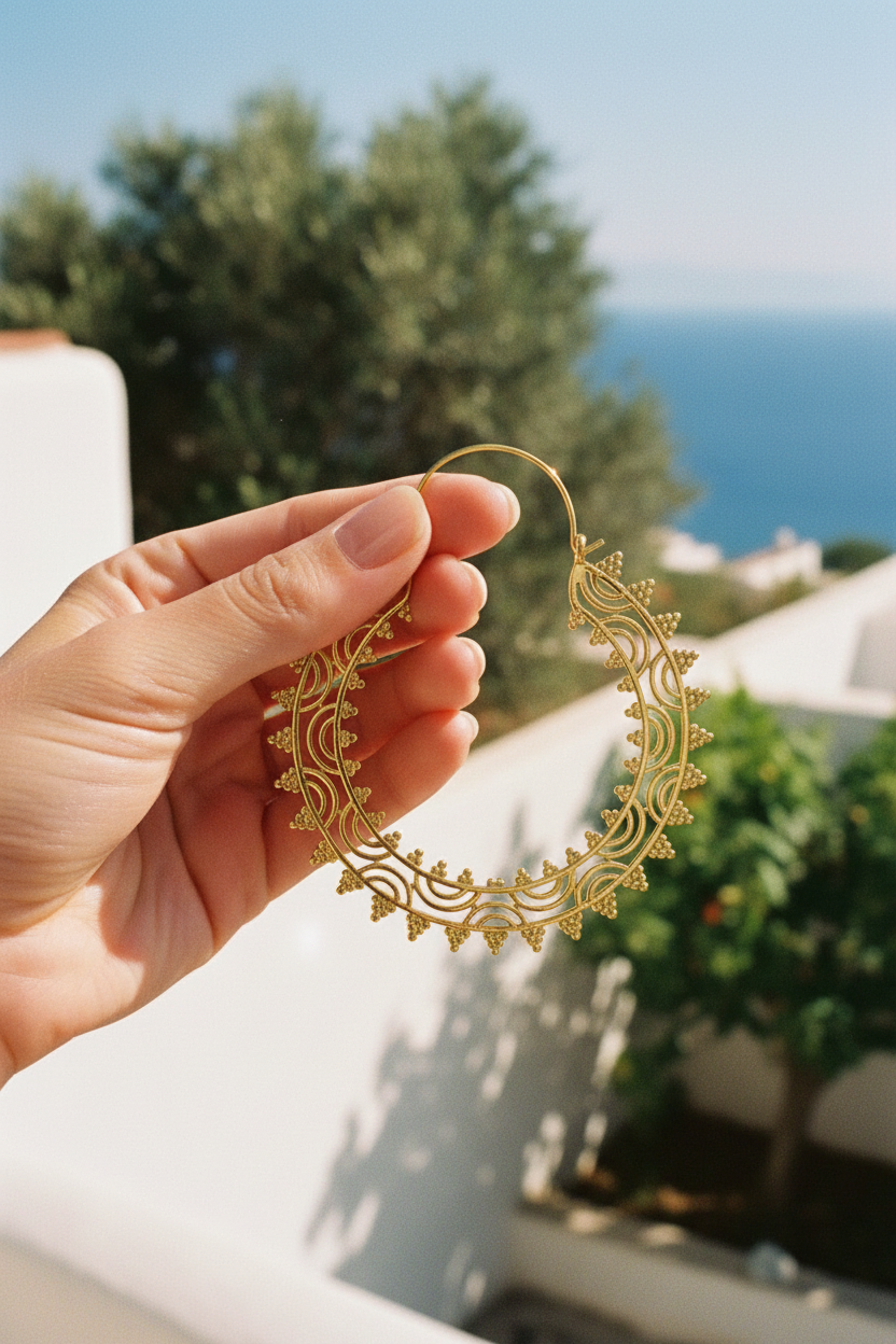 Gold Filigree Hoops — Held in Hand