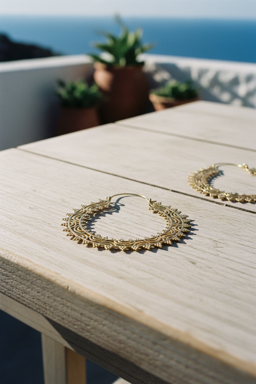 Gold Filigree Hoops — Sun-drenched Table