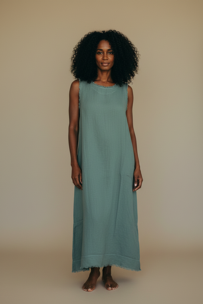 Model D - Full Length Teal , kaki Maxi Dress ull length linen raw edge 