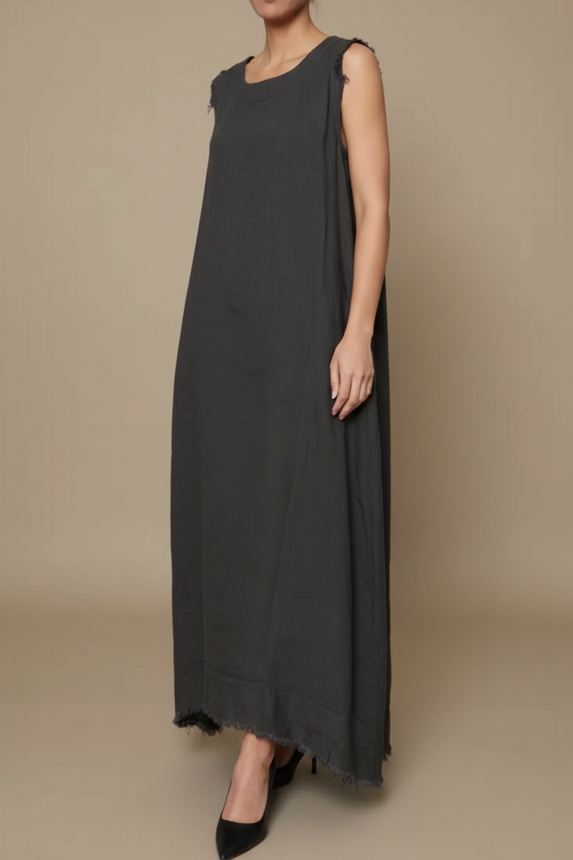 linen maxi dress in black with ruffled edges 