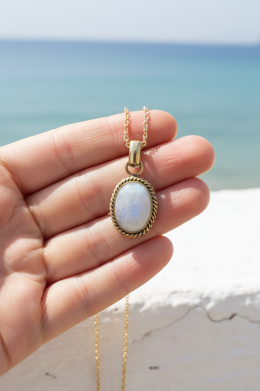 Moonstone necklace hand shot beach