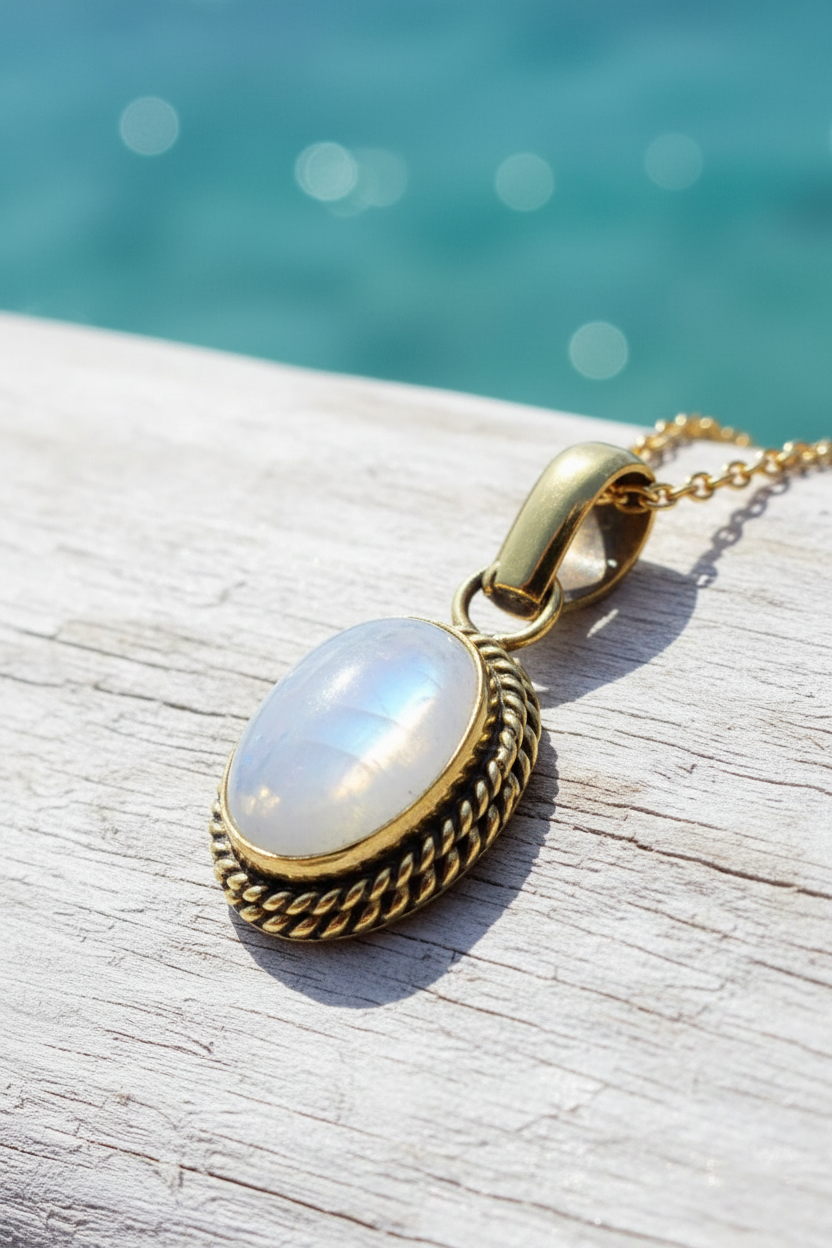 Moonstone necklace macro beach