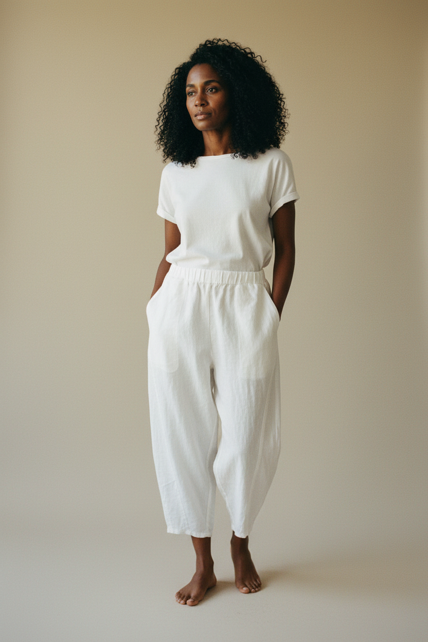 White Barrel Leg Trousers — Model D