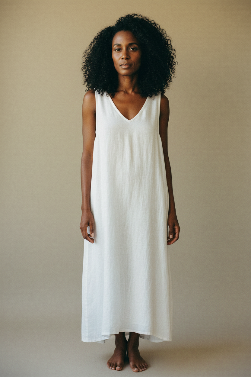 Woman wearing a white sleeveless dress against a beige background